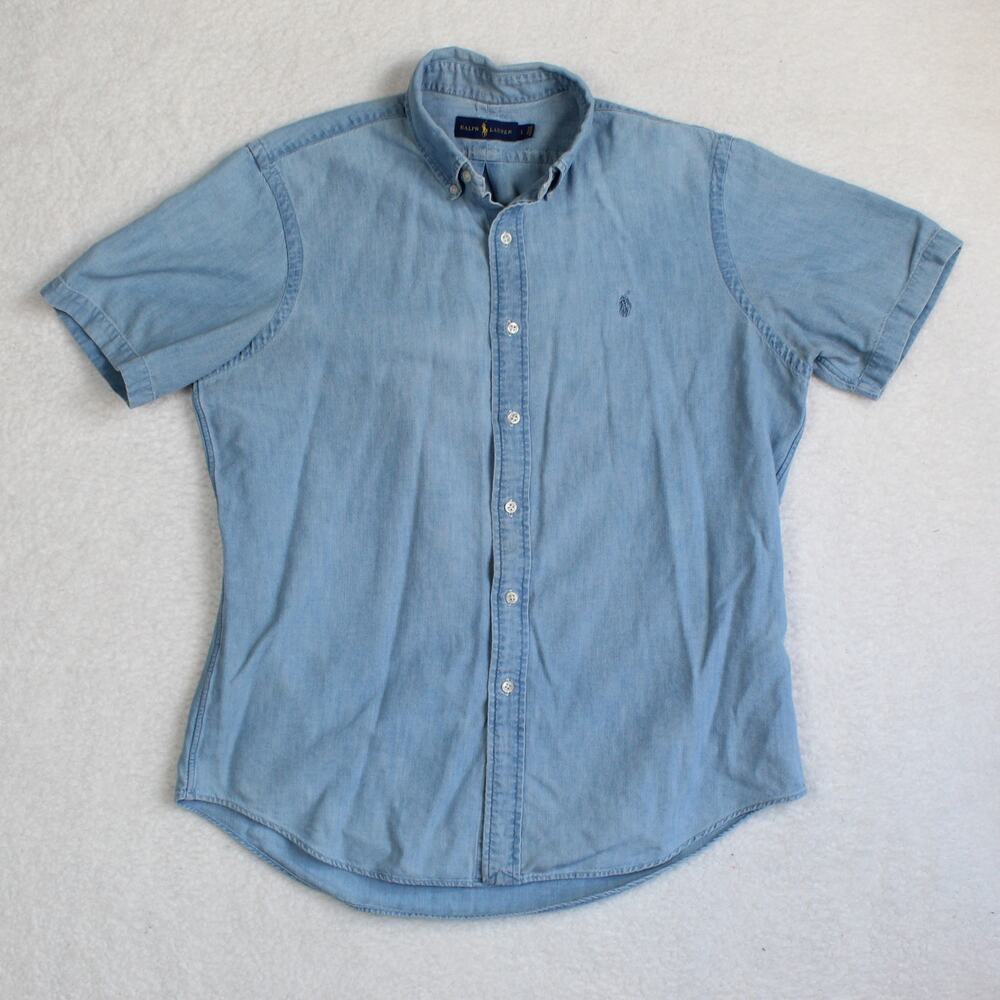 Ralph Lauren Chambray Shirt Mens Large Blue Short Sleeve Coastal Preppy Summer